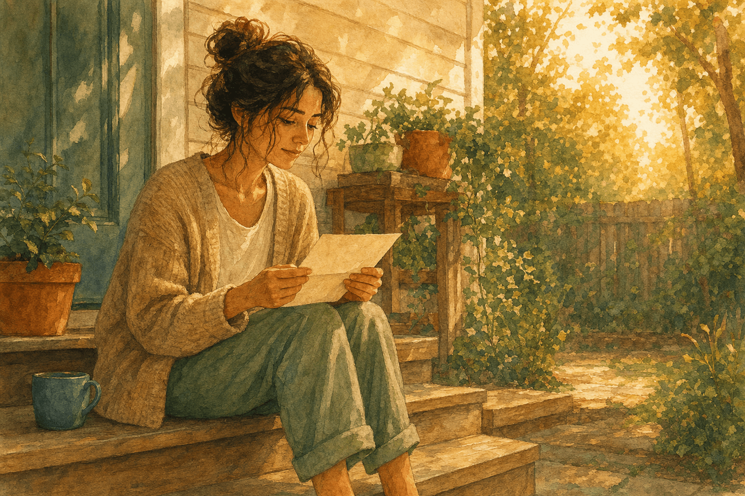 A warm watercolor in cream, amber, and forest green. A woman sits on a back step at golden hour, holding a paper letter. The light is mid-afternoon, the tone is quiet. Late-diagnosis ADHD blog post hero image.