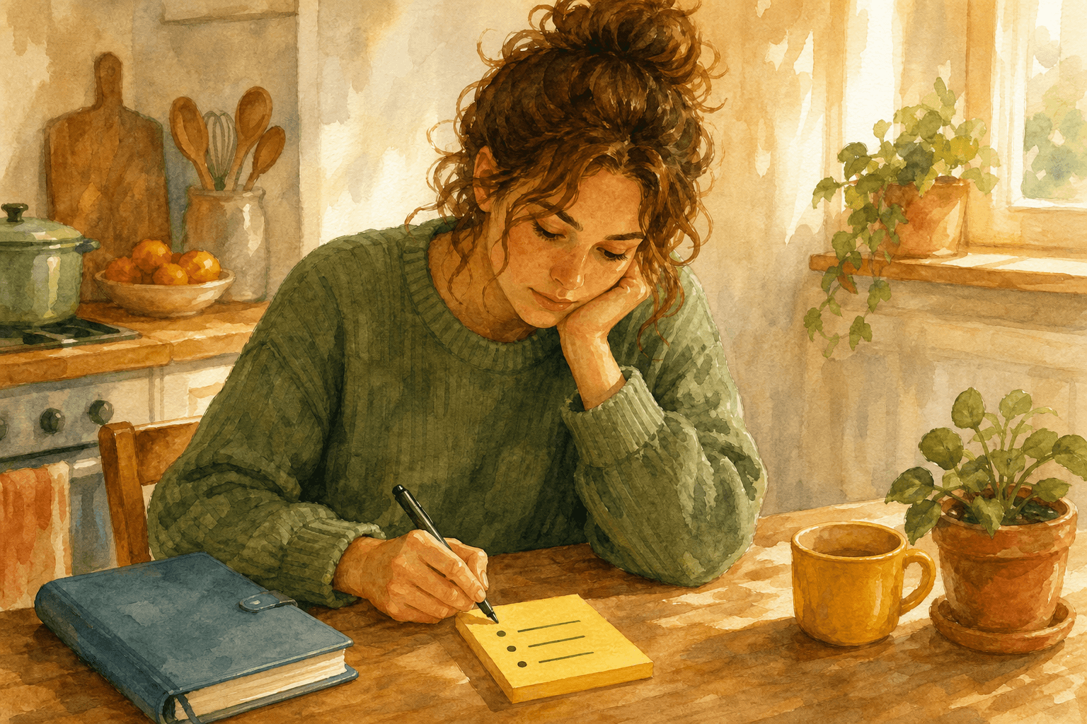 A warm watercolor in cream and amber. An open planner sits on a kitchen table next to a yellow sticky note with three items handwritten on it. The planner is closed, the sticky note is the working surface. Late-diagnosed ADHD blog post hero image.