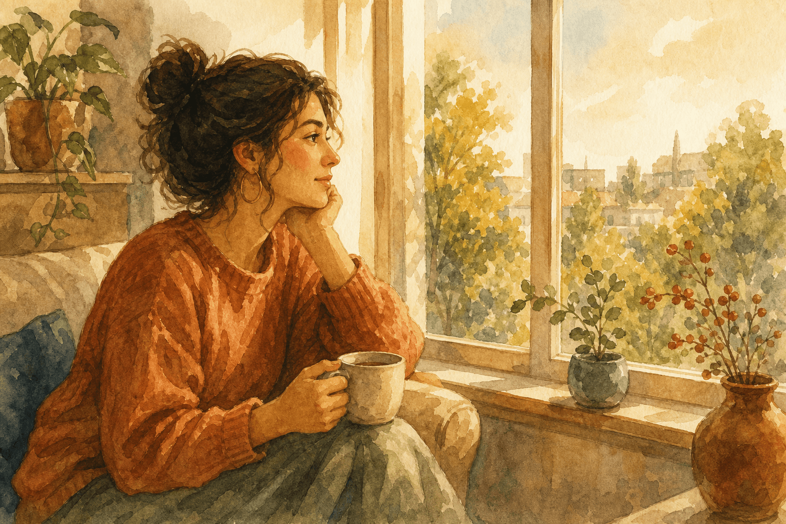 A warm watercolor in cream and amber. A woman sits with a single cup of coffee in mid-afternoon light, looking out a window. The mood is reflective rather than sad. Late-diagnosed ADHD blog post hero image.