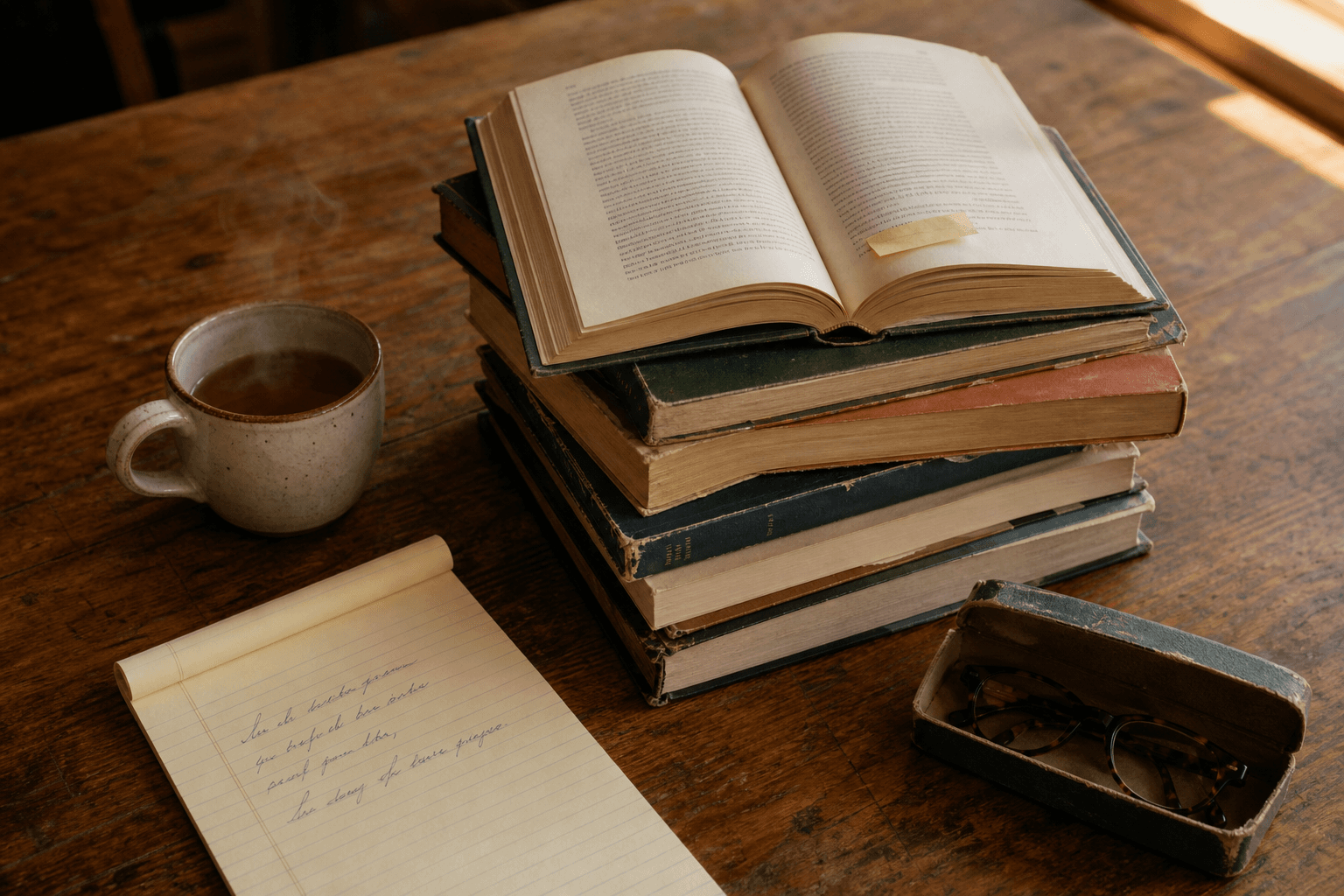 A stack of eight books on a wooden kitchen table beside a half-finished mug of tea and a yellow legal pad with handwritten notes