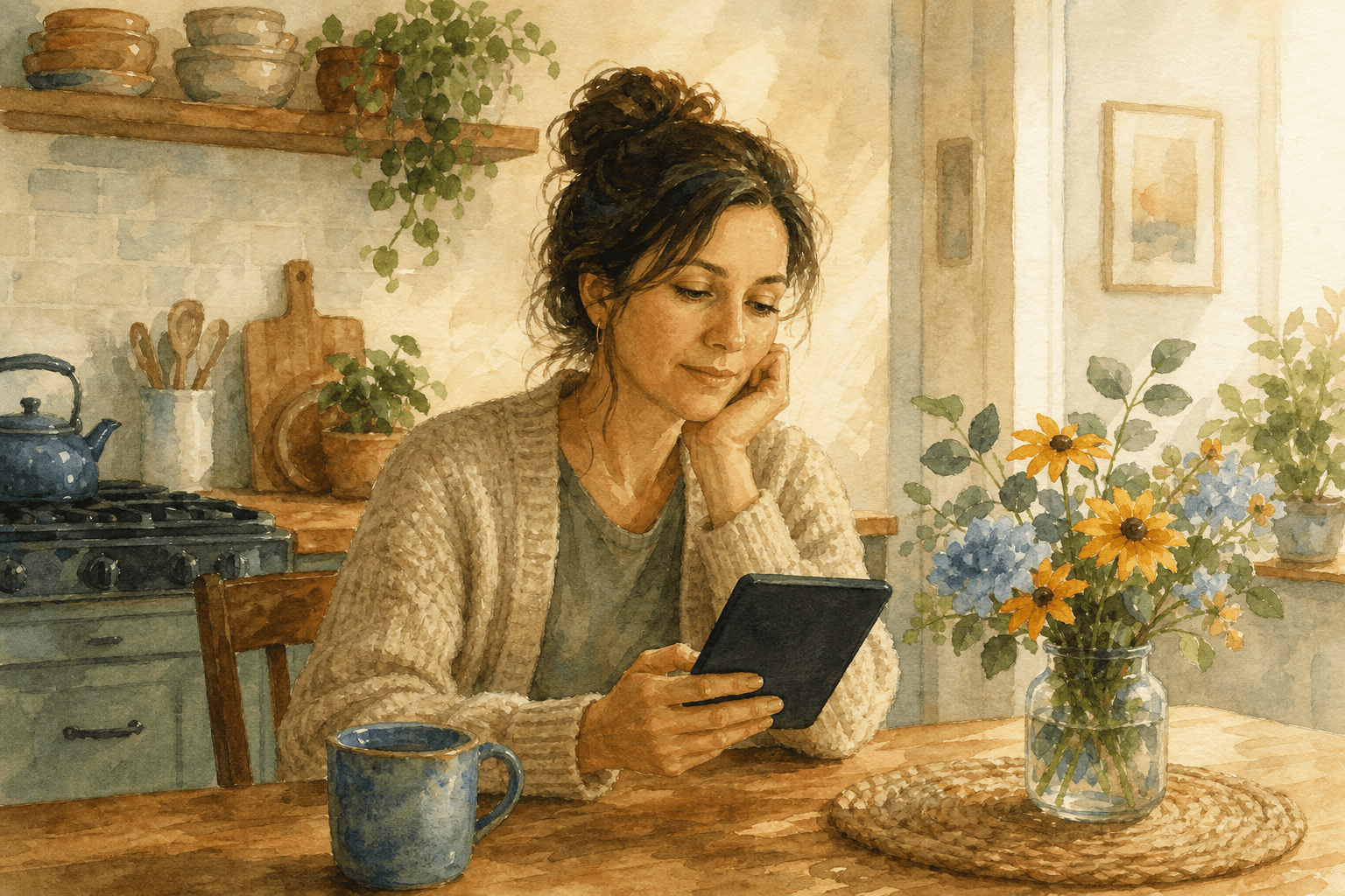 A woman in her late thirties reading on a Kindle at a kitchen table with a half-finished cup of tea and an open notebook beside her