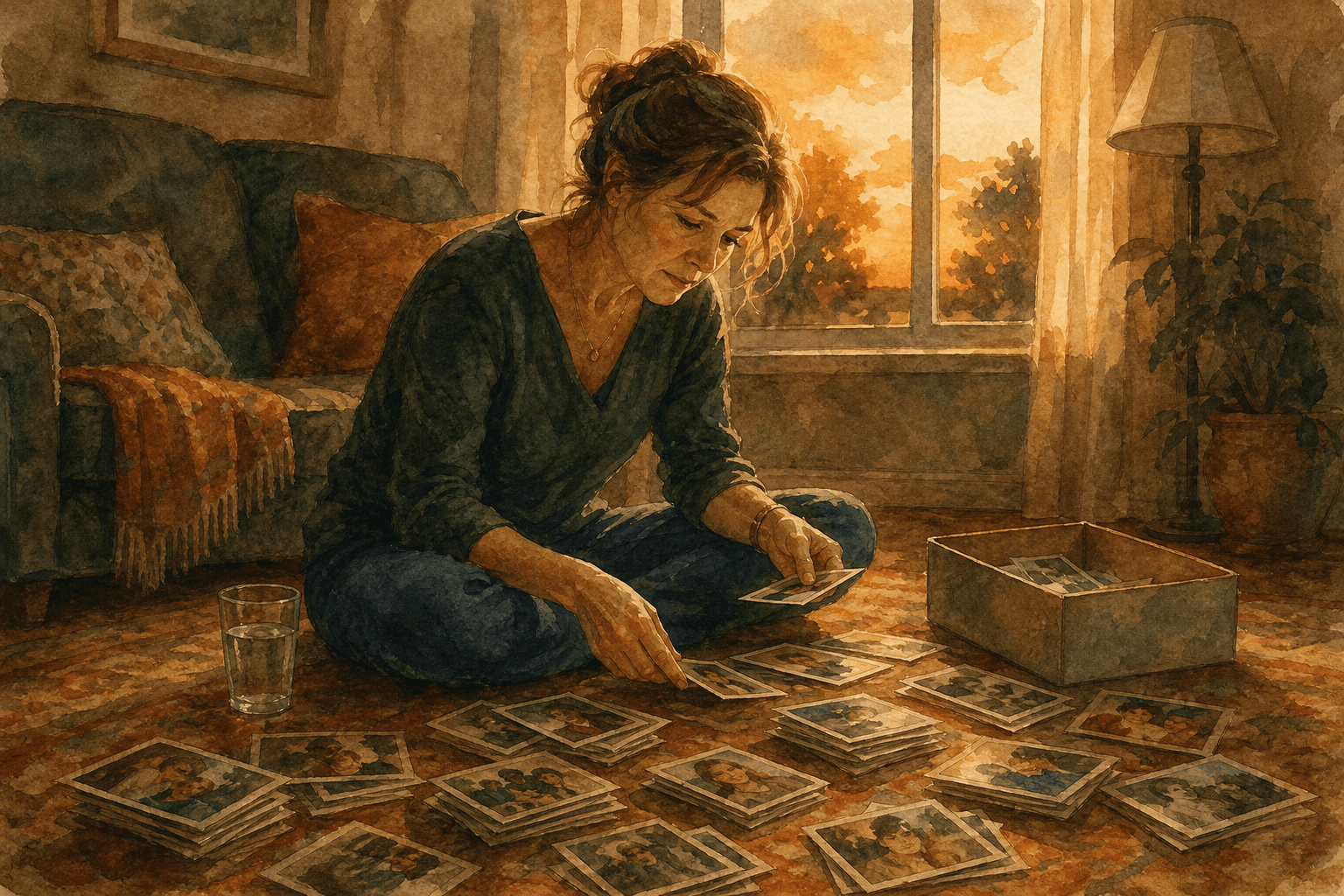 A woman in her forties sitting cross-legged on a living room rug at dusk, surrounded by small piles of loose family photographs she has been sorting, an open shoebox and an untouched glass of water beside her, the last orange light of sunset in the window behind her.