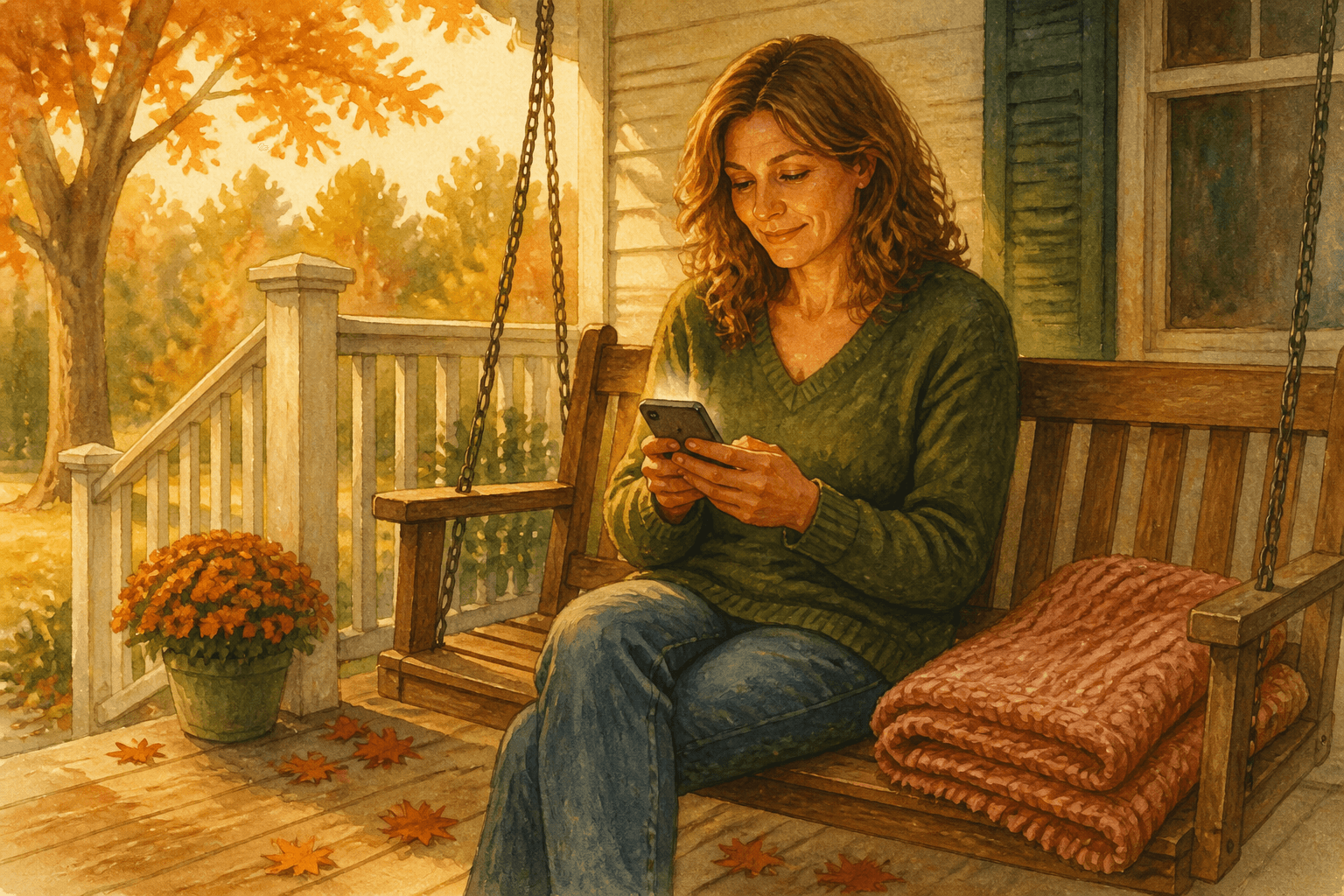 A woman in her forties sitting on a porch swing at golden hour, holding her phone in both hands with her thumb resting over the screen, a folded knit blanket beside her and autumn leaves on the porch boards.