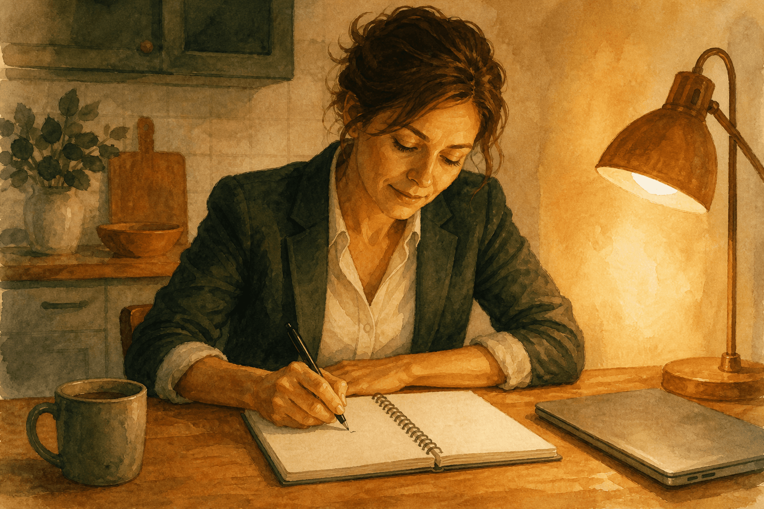 A woman in her late thirties at a kitchen table after the workday, laptop open beside a spiral notebook, writing a single line by hand while a cold cup of coffee and a lamp sit at the edge of the table.