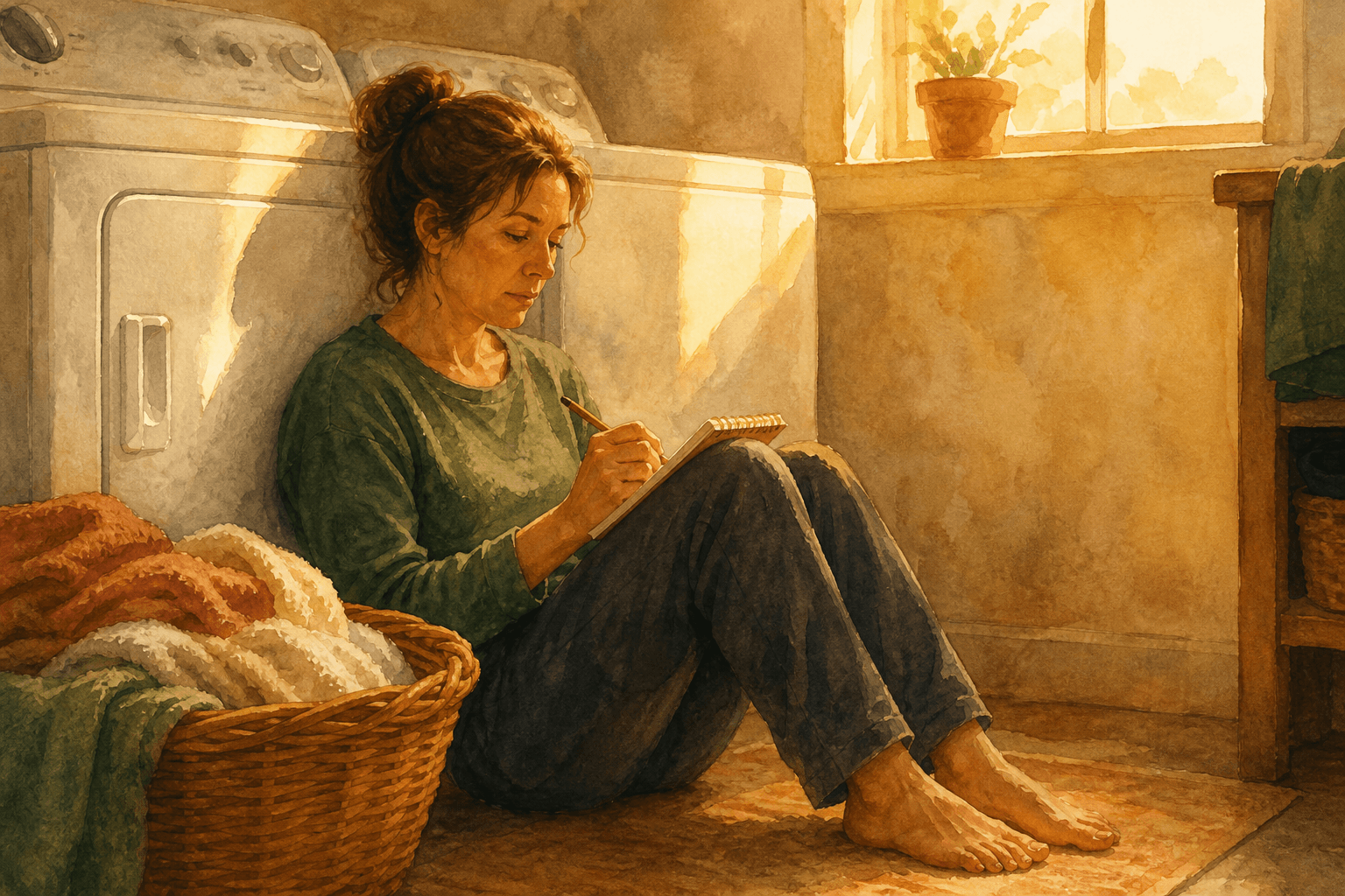 A woman in her forties sitting on a laundry room floor with her back against the dryer, writing on a small notepad propped on her knee, a basket of unfolded towels beside her and late-afternoon light coming through a small window.