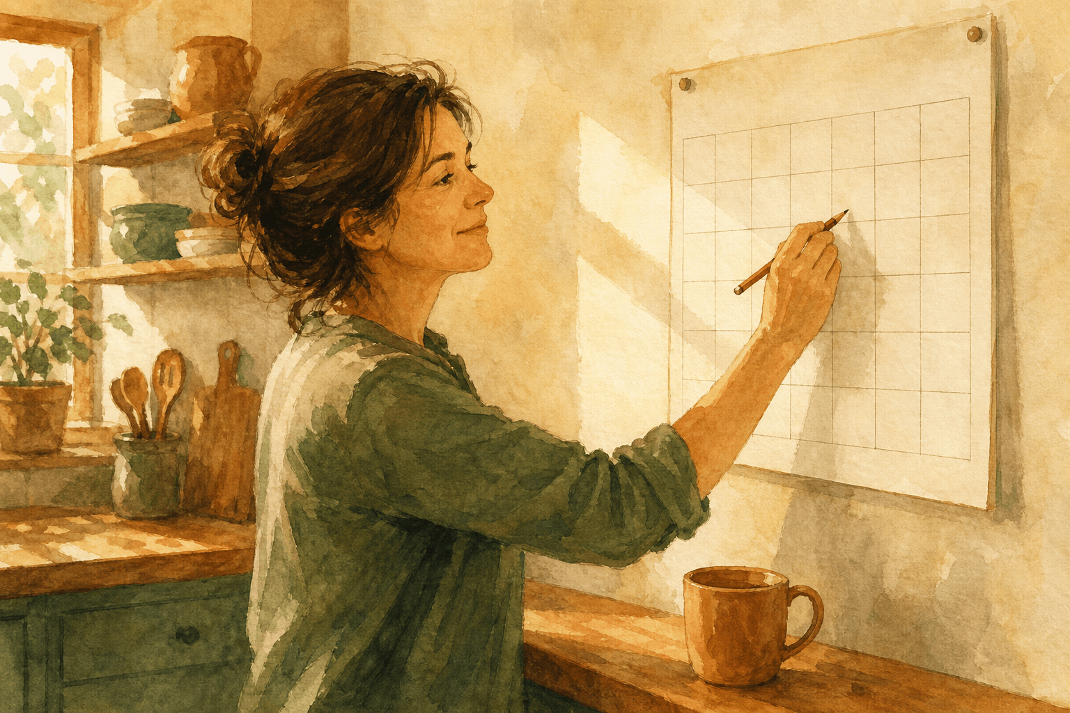 A warm watercolor in cream, amber, and forest green. A woman in her forties stands at a kitchen wall calendar in morning light, marking one day with a pencil, a coffee mug on the counter beside her. ADHD and hormones blog post hero image.